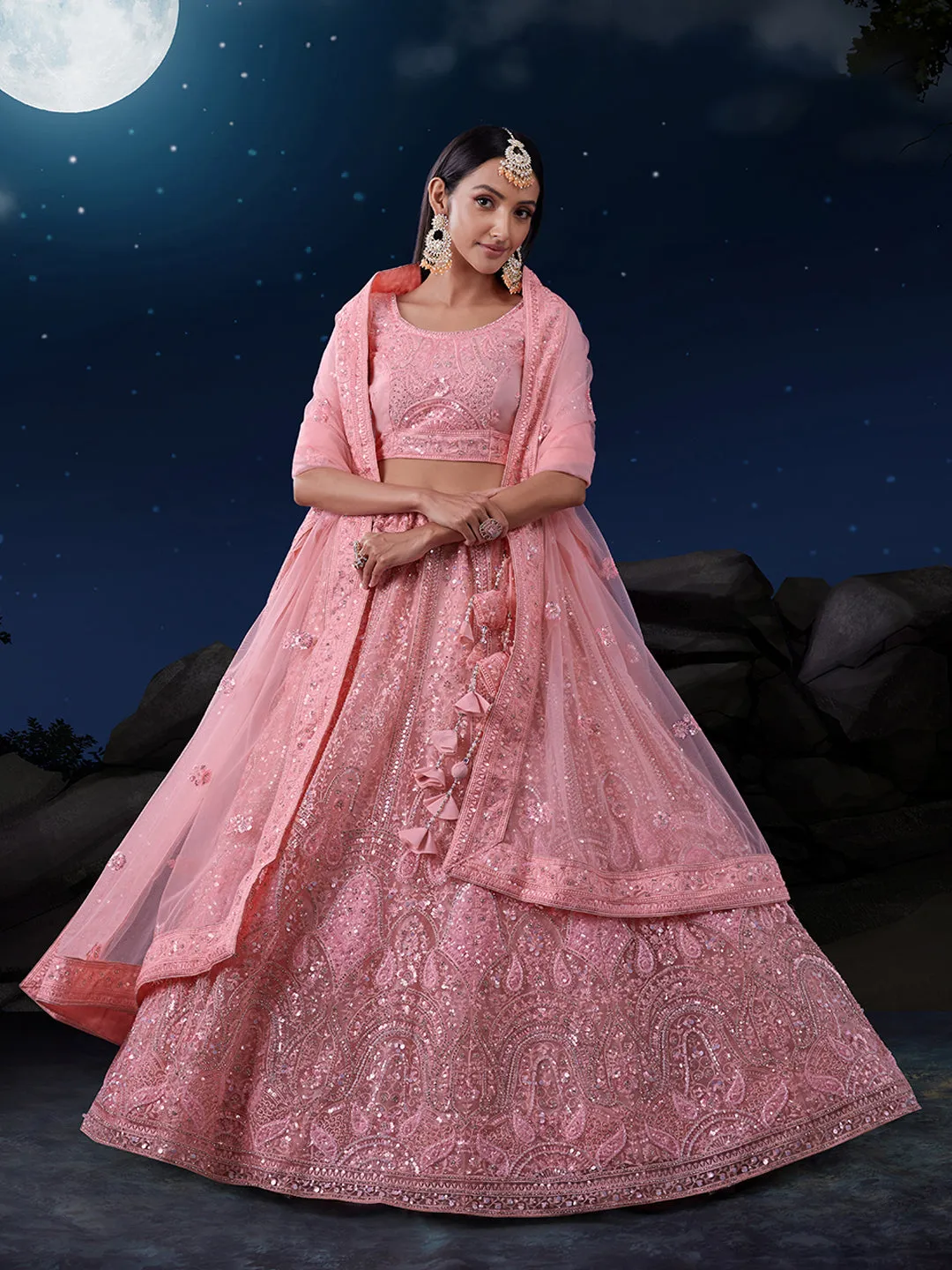 Exquisite Pink Lehenga Set with Shimmering Embellishments