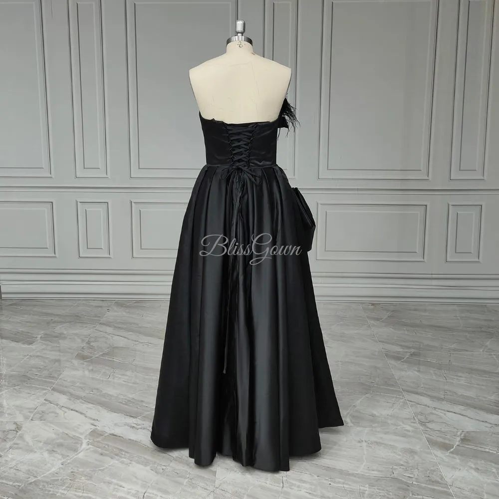 Feathered Strapless Satin Evening Gown