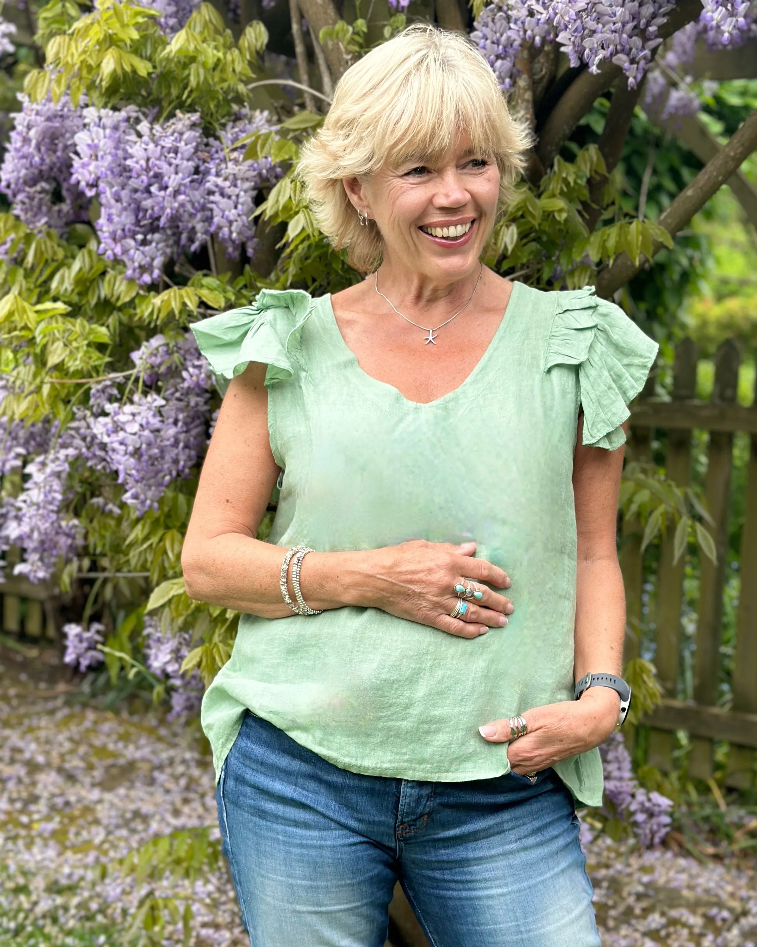 Frilled Sleeve Linen Top - Sage