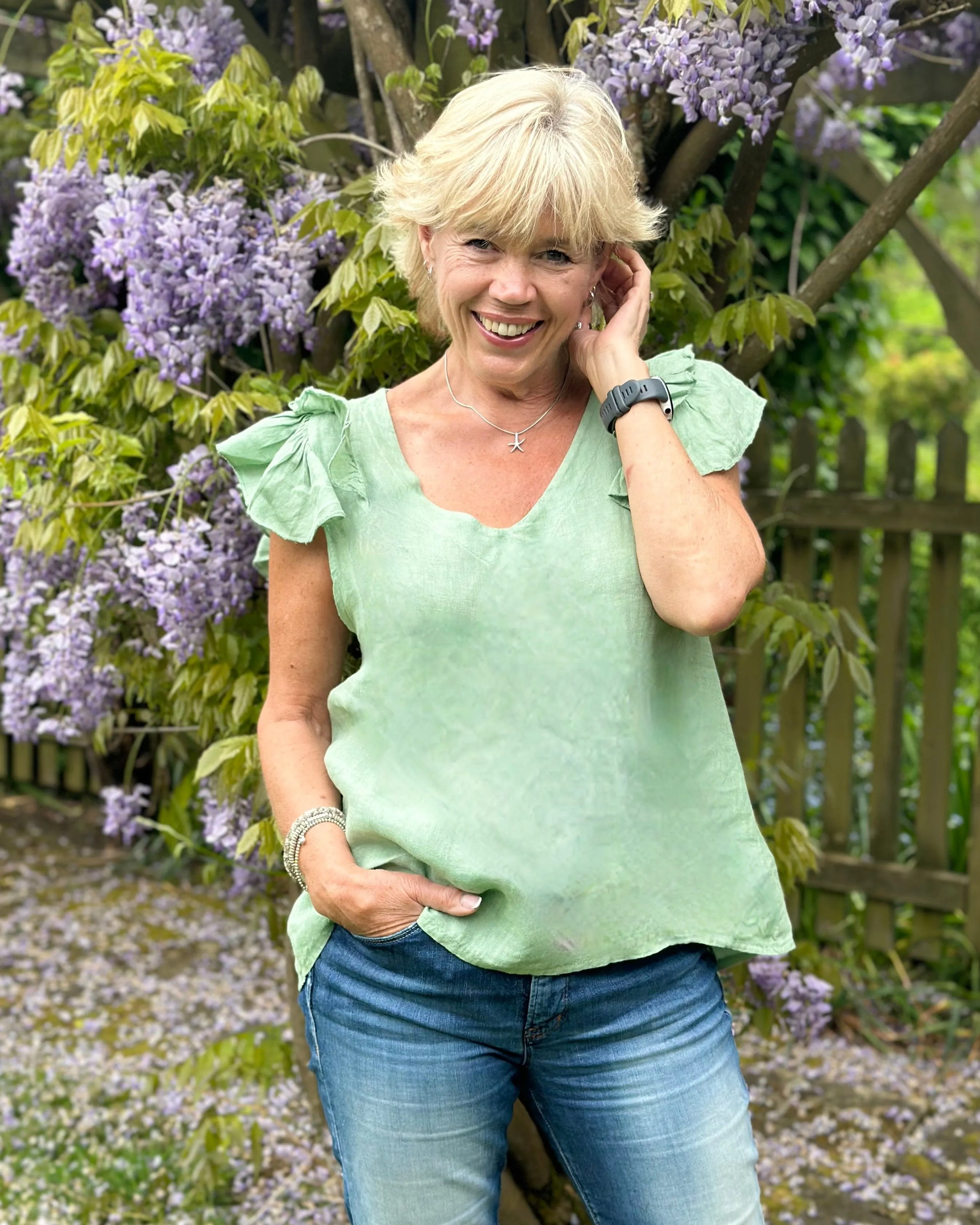 Frilled Sleeve Linen Top - Sage