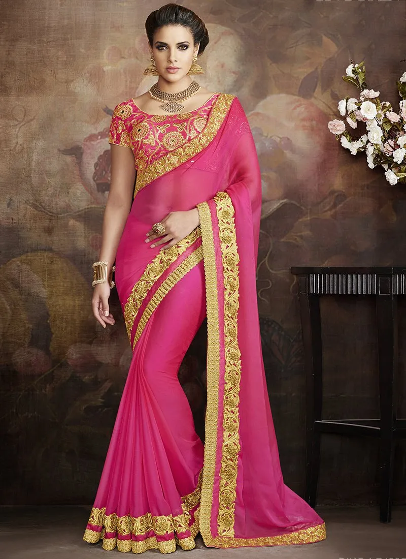 Georgette Formal Wear Embroidered Work Saree  - pink