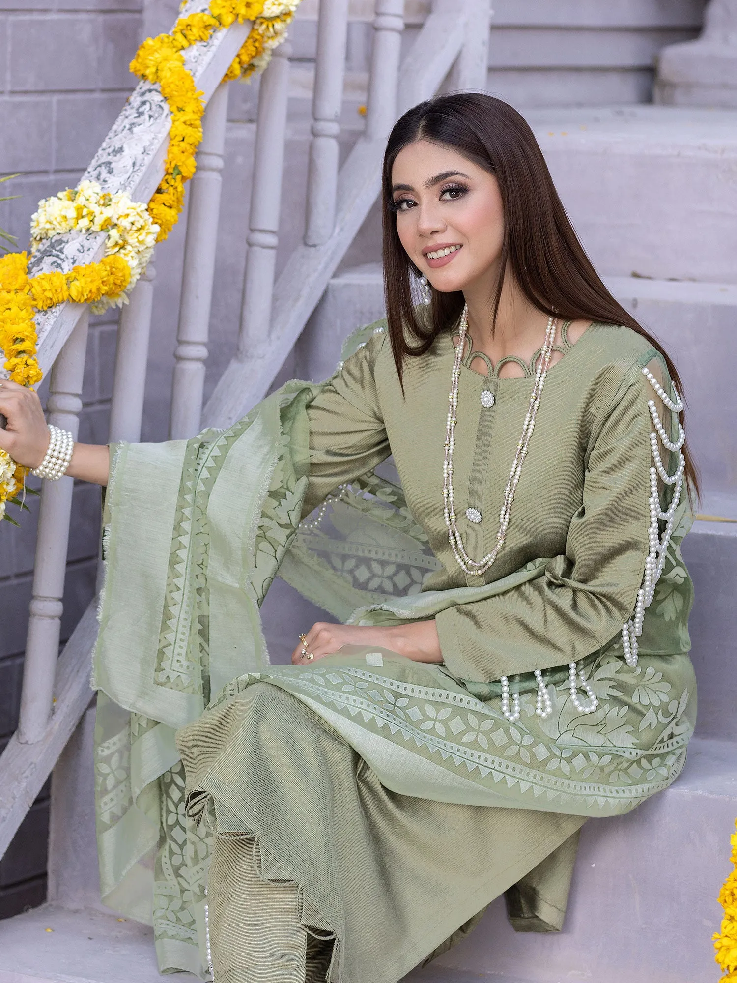 Green Viscose 3-Piece Suit with Pearl Embellishments