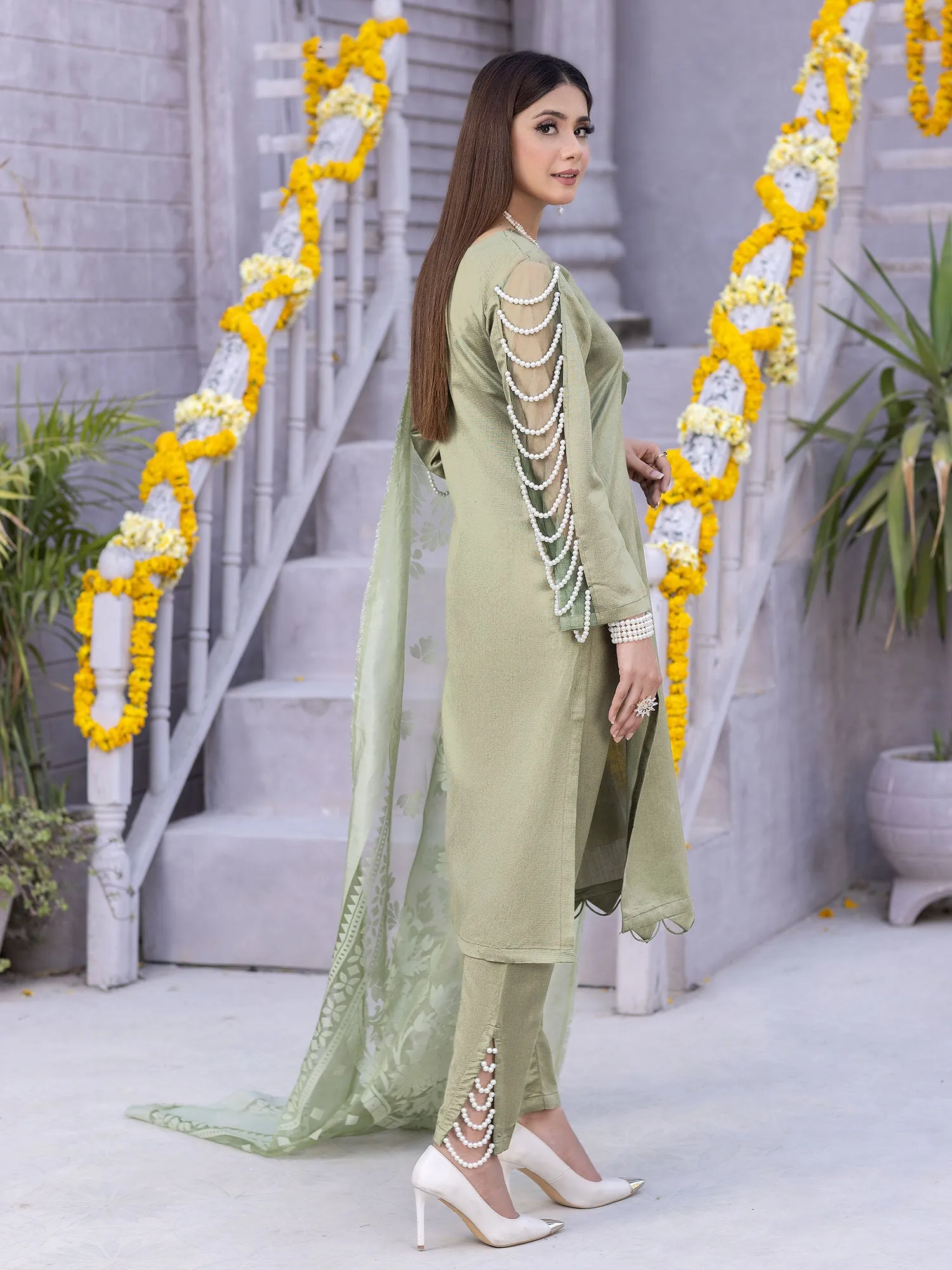 Green Viscose 3-Piece Suit with Pearl Embellishments