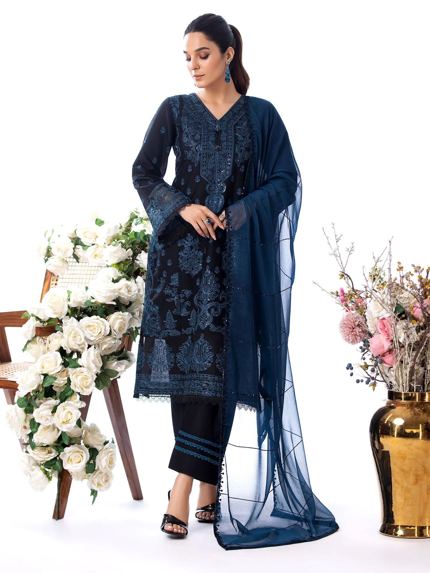 Heera's Black & Blue Embroidered Cambric Cotton Suit