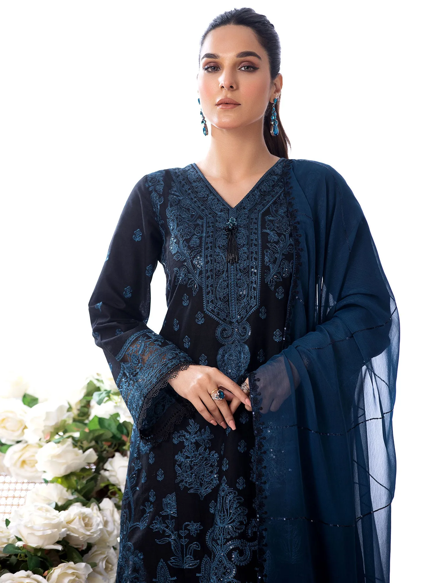 Heera's Black & Blue Embroidered Cambric Cotton Suit