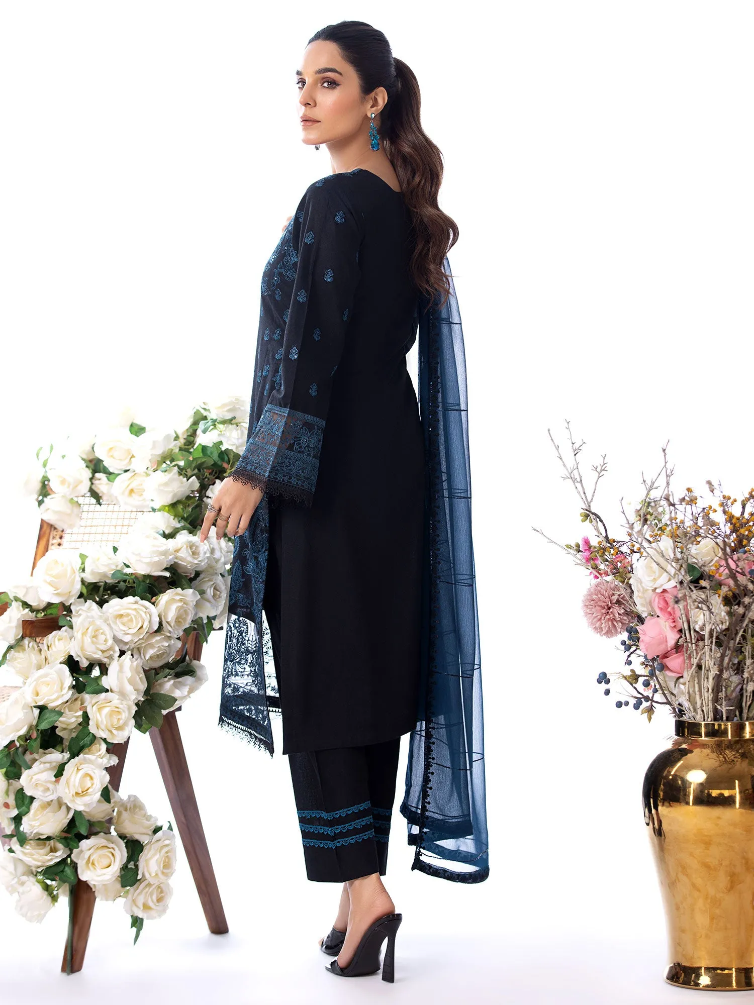 Heera's Black & Blue Embroidered Cambric Cotton Suit