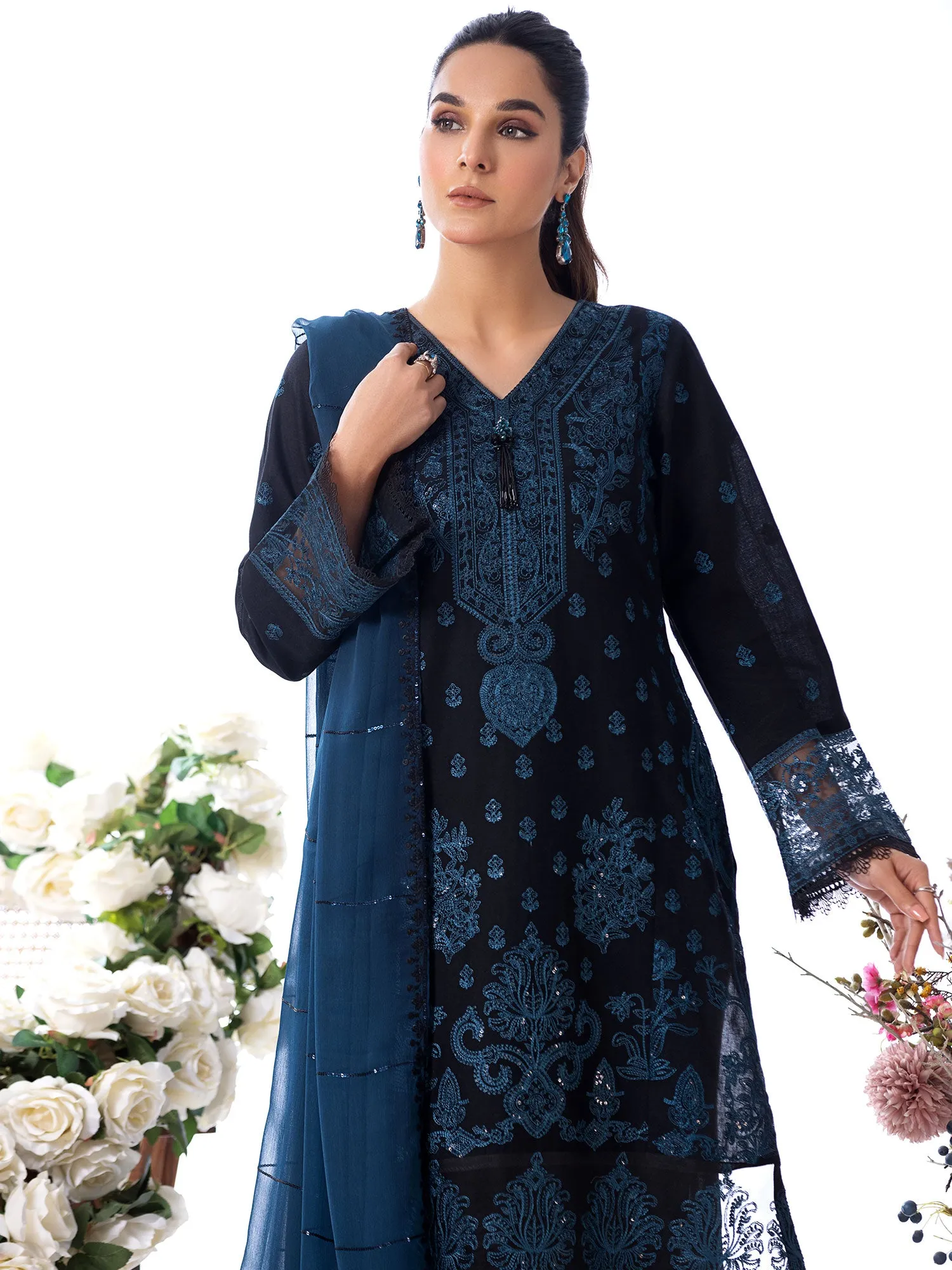 Heera's Black & Blue Embroidered Cambric Cotton Suit