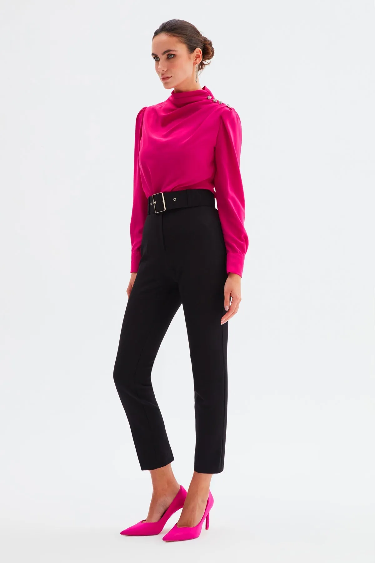 High Waist Belted Trousers - Black