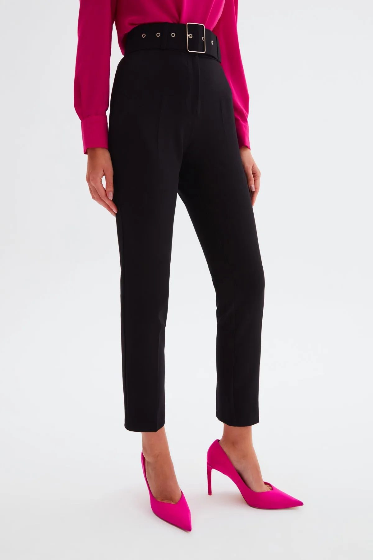 High Waist Belted Trousers - Black