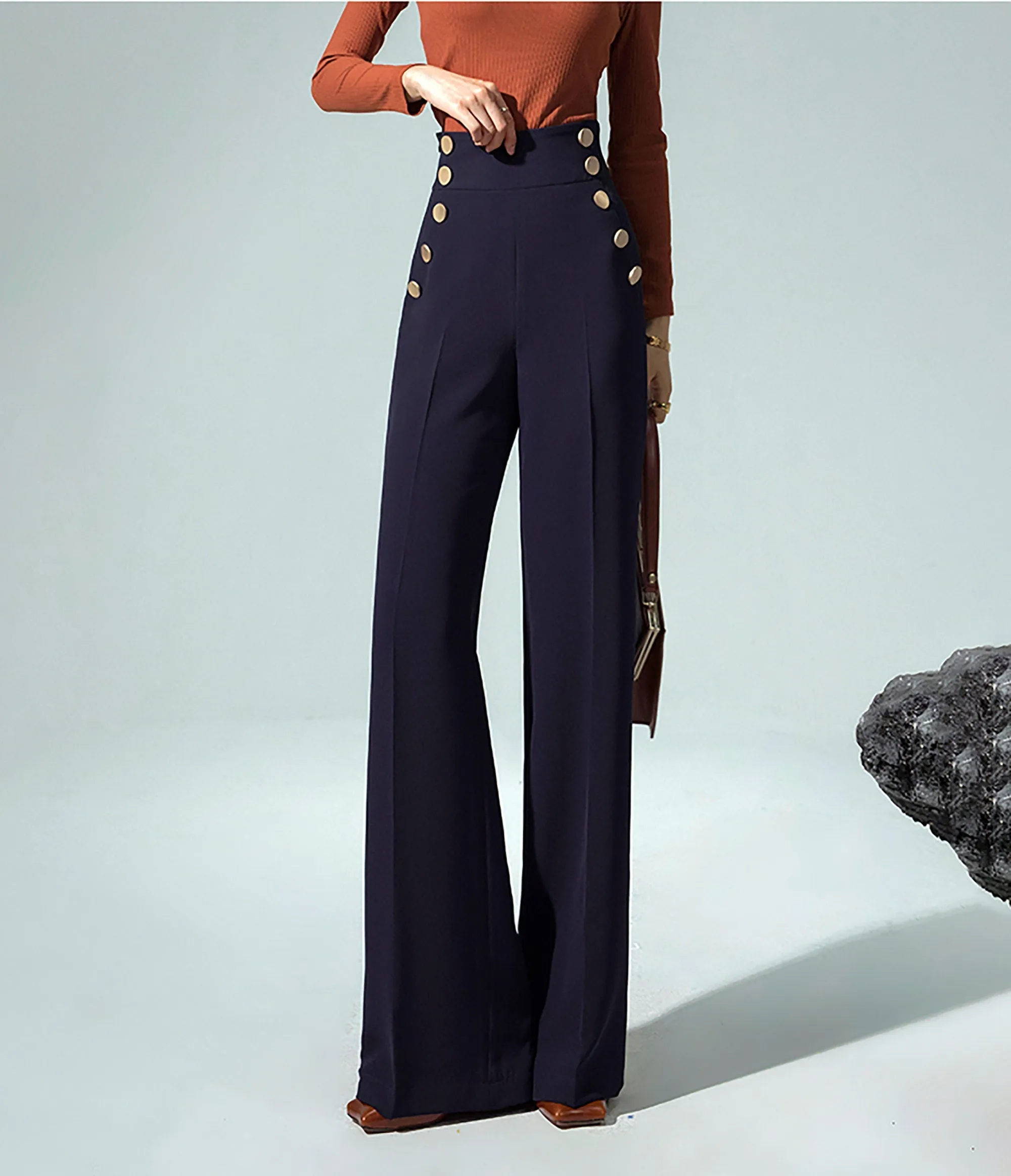 High Waist Button Ponte Flare Pants