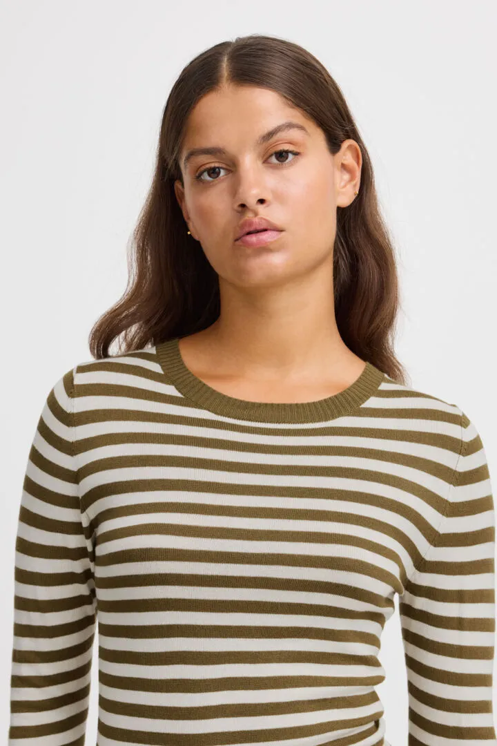 Womens Ichi Diane Long-Sleeve Top - Lizard/Almond Milk Striped Pattern