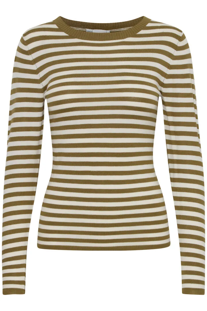 Womens Ichi Diane Long-Sleeve Top - Lizard/Almond Milk Striped Pattern