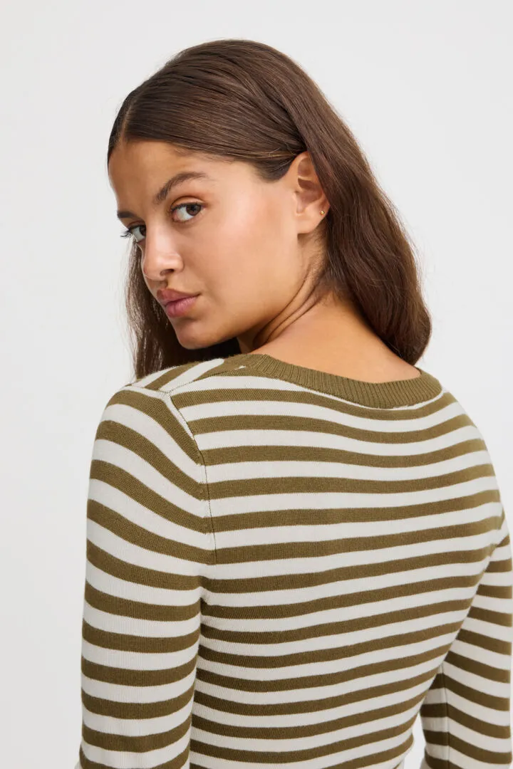 Womens Ichi Diane Long-Sleeve Top - Lizard/Almond Milk Striped Pattern