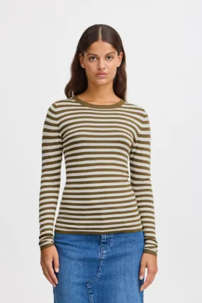 Womens Ichi Diane Long-Sleeve Top - Lizard/Almond Milk Striped Pattern