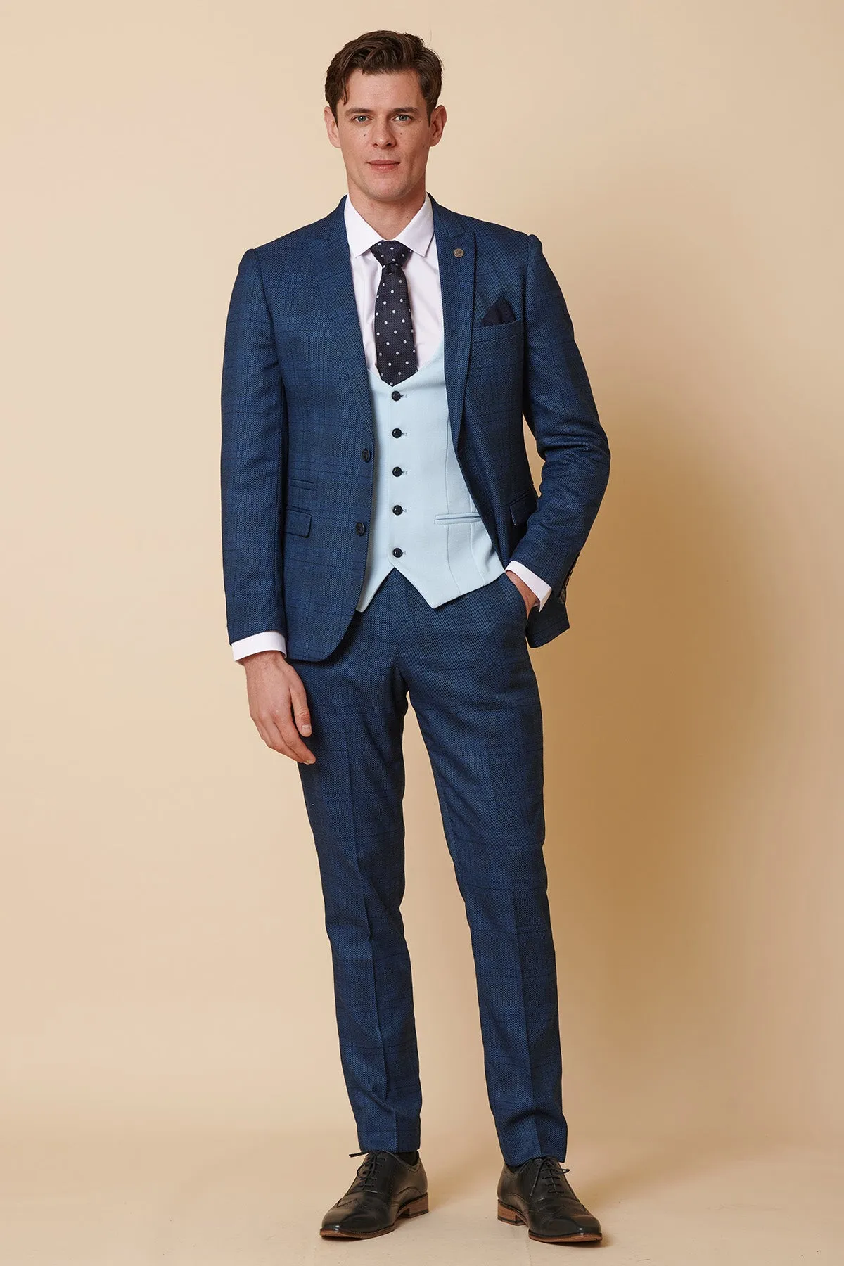 JERRY - Blue Check Suit With Kelvin Sky Waistcoat