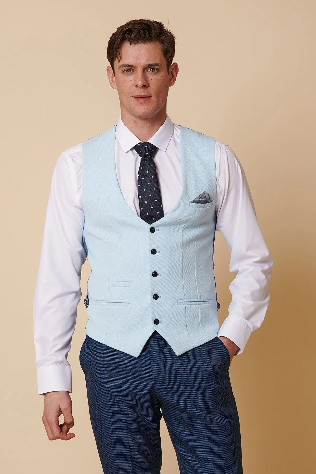 JERRY - Blue Check Suit With Kelvin Sky Waistcoat