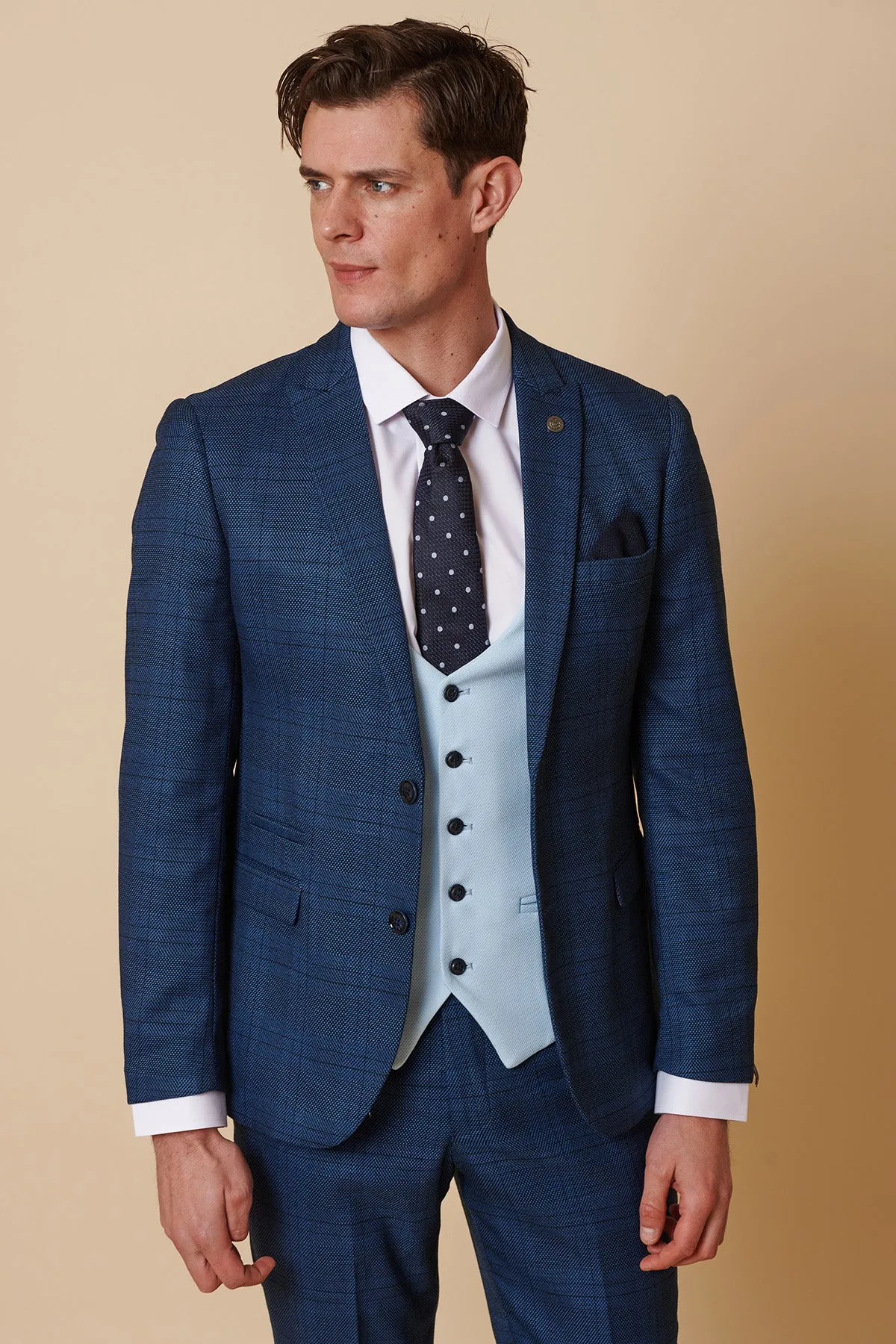 JERRY - Blue Check Suit With Kelvin Sky Waistcoat