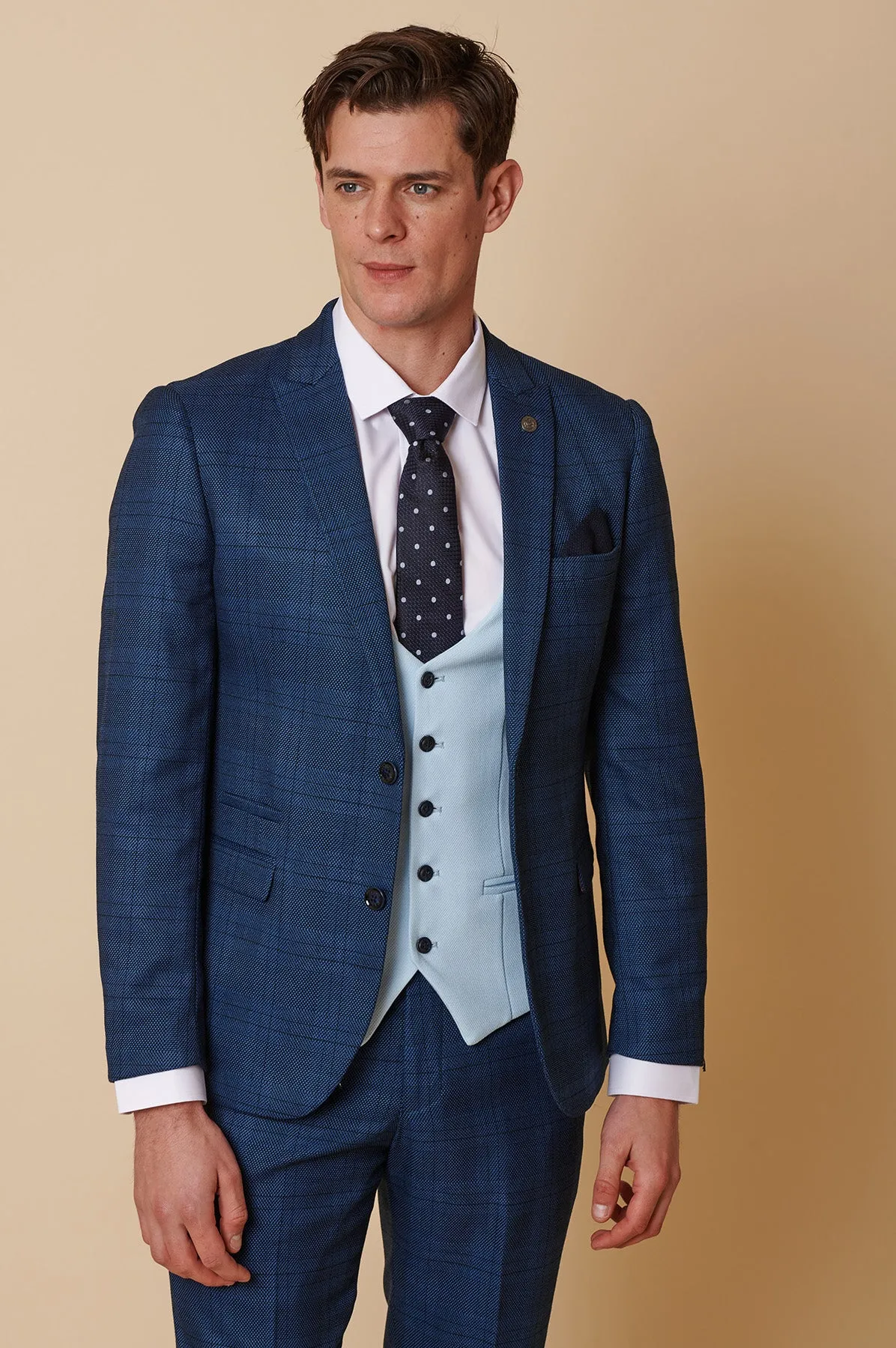 JERRY - Blue Check Suit With Kelvin Sky Waistcoat