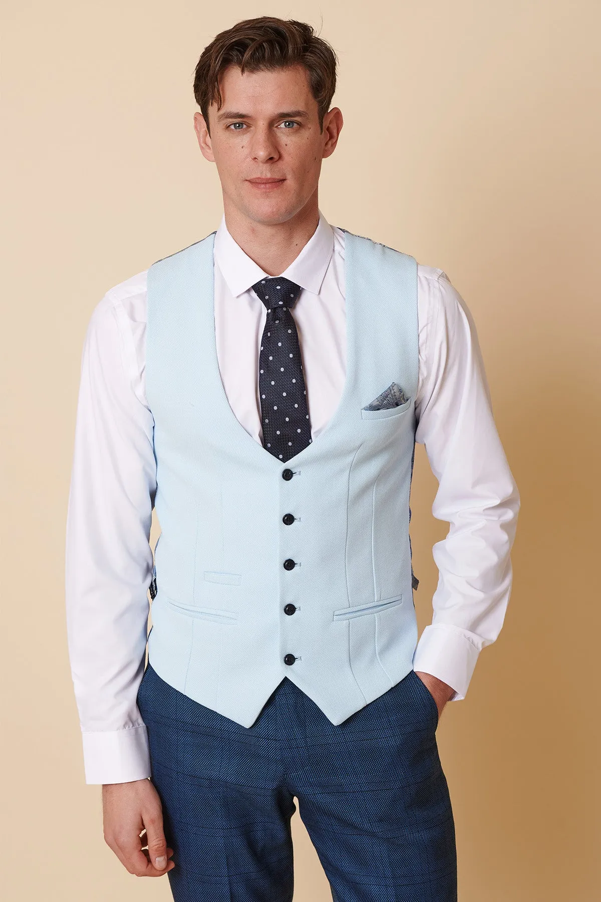 JERRY - Blue Check Suit With Kelvin Sky Waistcoat