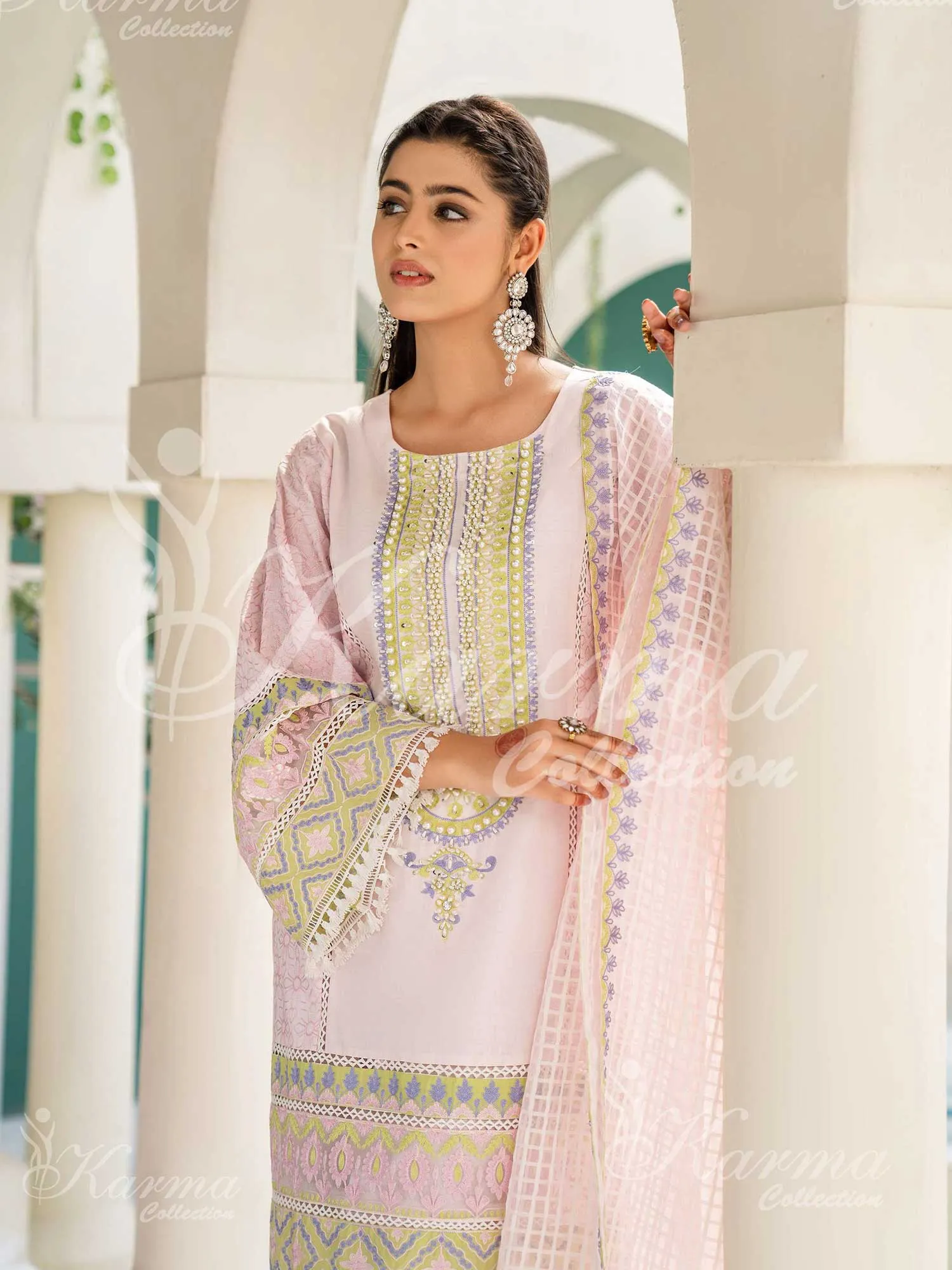 Karma Collection Pink Cotton Embellished 3-Piece Suit (1296)