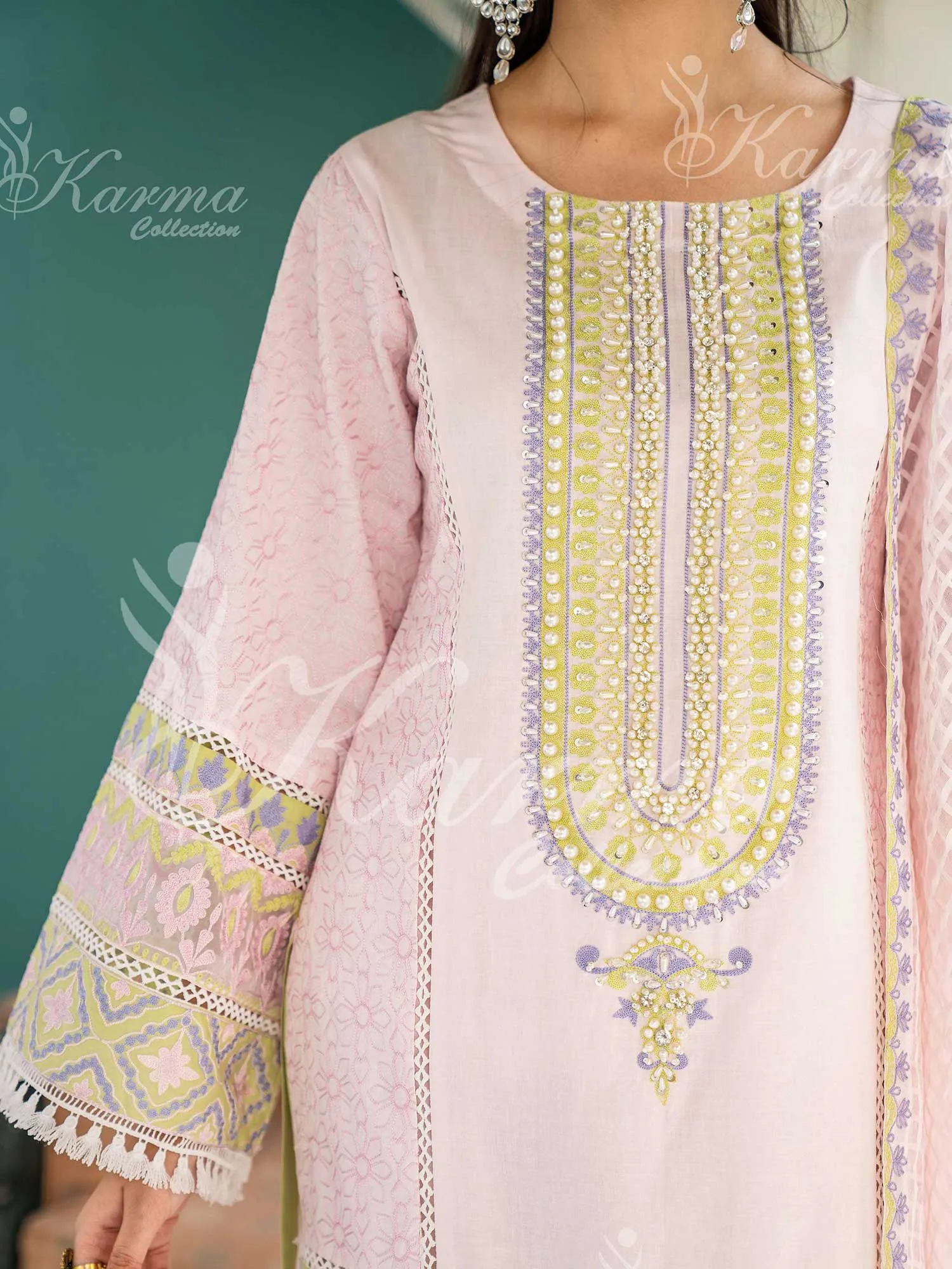 Karma Collection Pink Cotton Embellished 3-Piece Suit (1296)