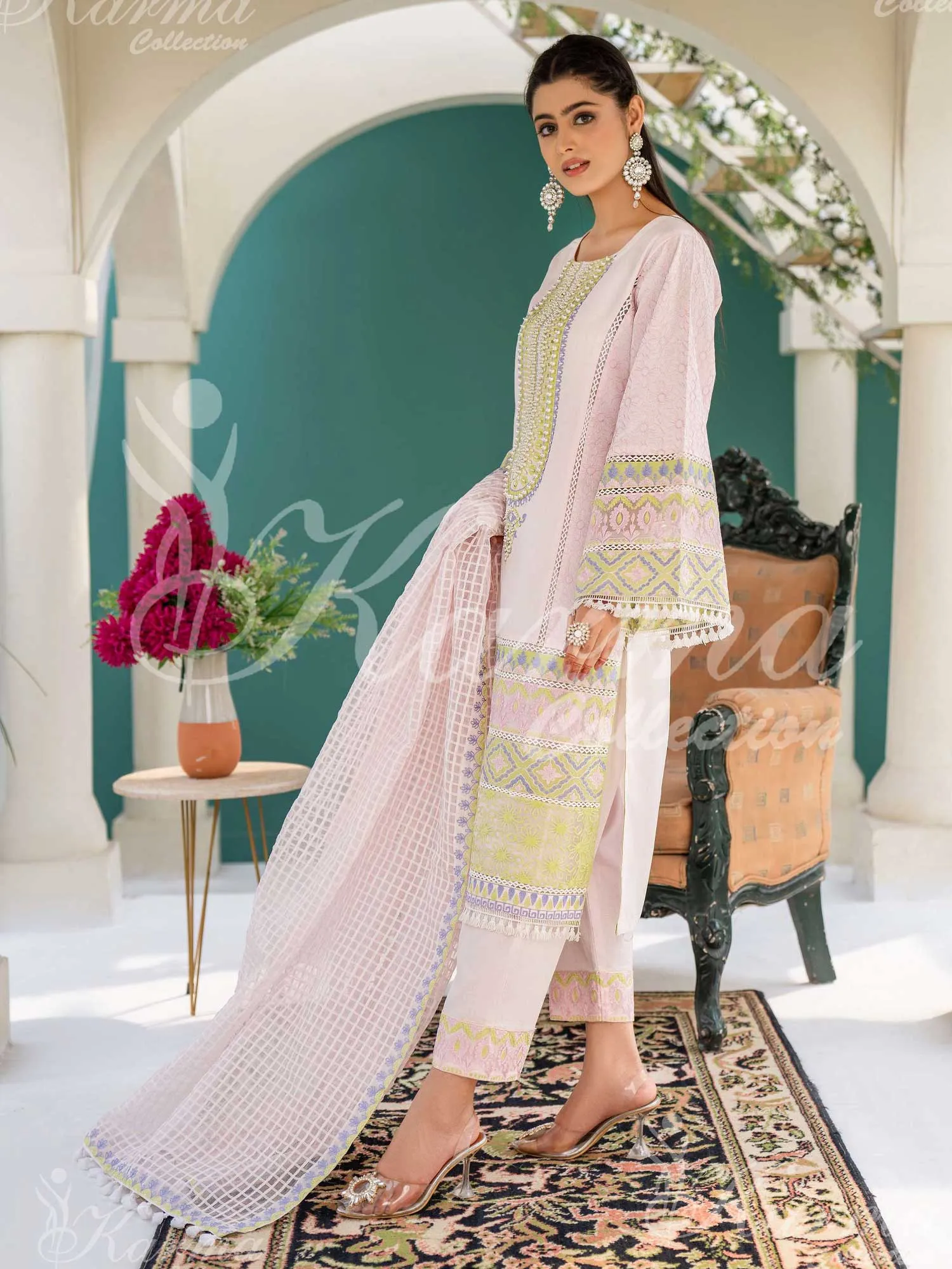 Karma Collection Pink Cotton Embellished 3-Piece Suit (1296)