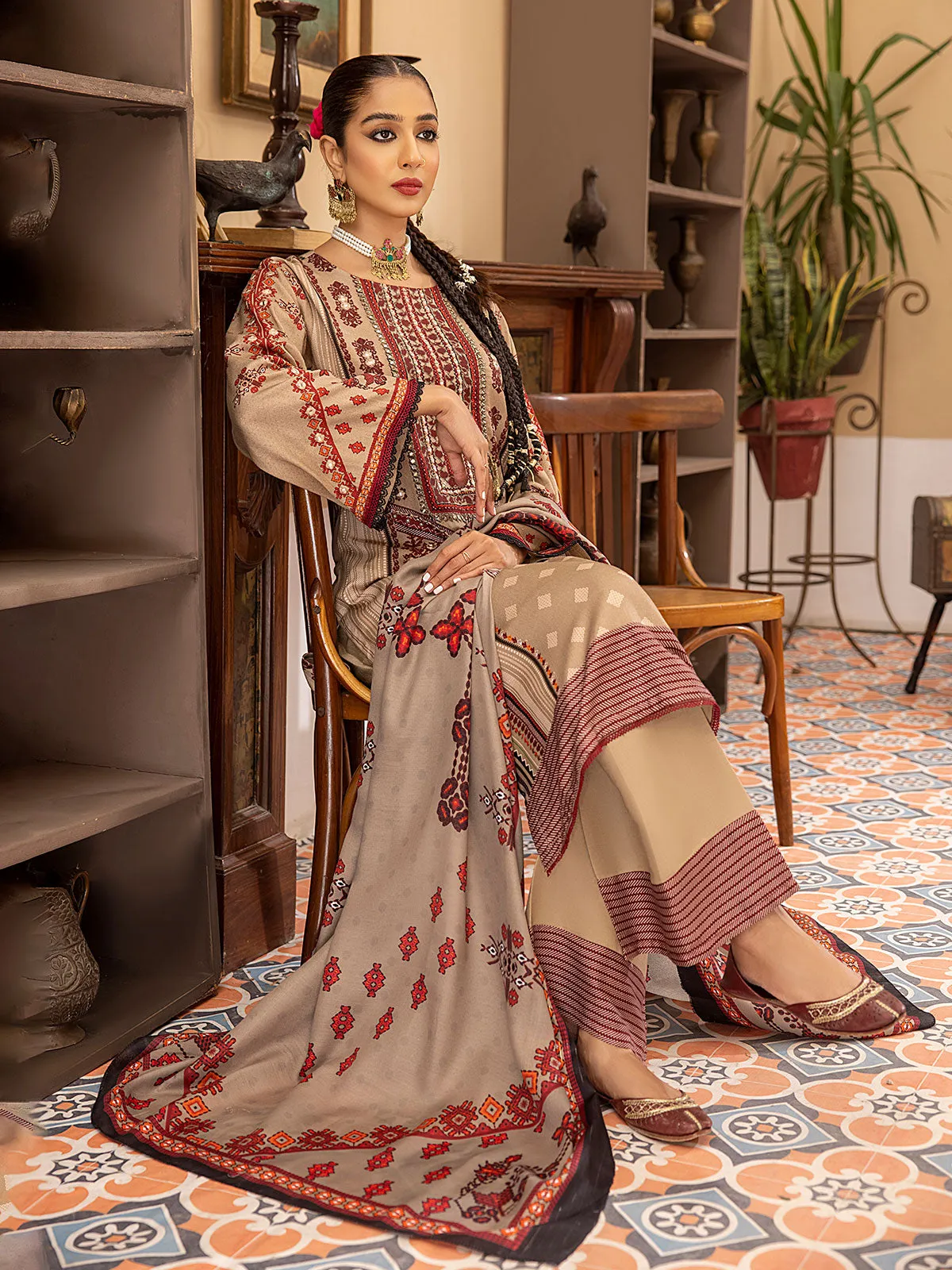 Light Brown Winter Dhanak Embroidered 3-Piece Suit