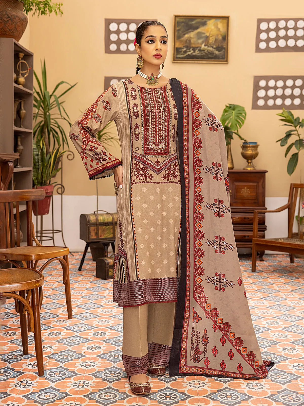 Light Brown Winter Dhanak Embroidered 3-Piece Suit