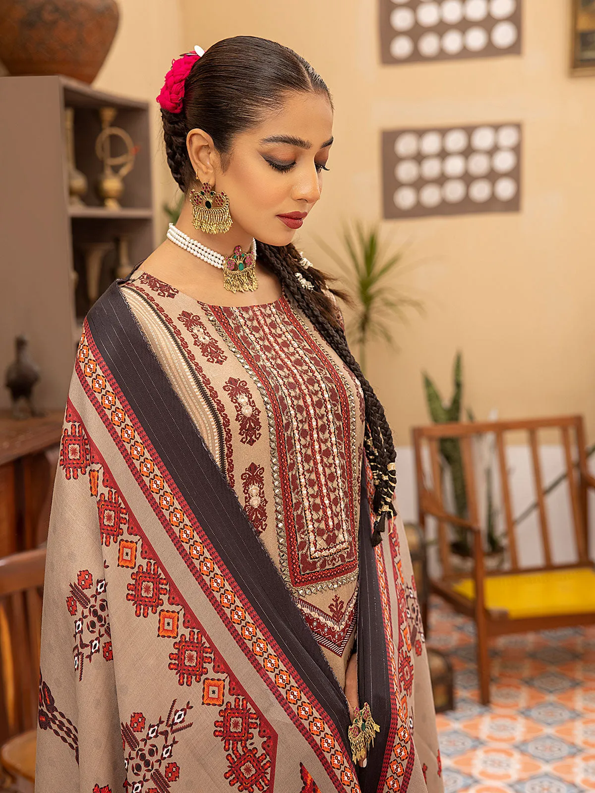 Light Brown Winter Dhanak Embroidered 3-Piece Suit