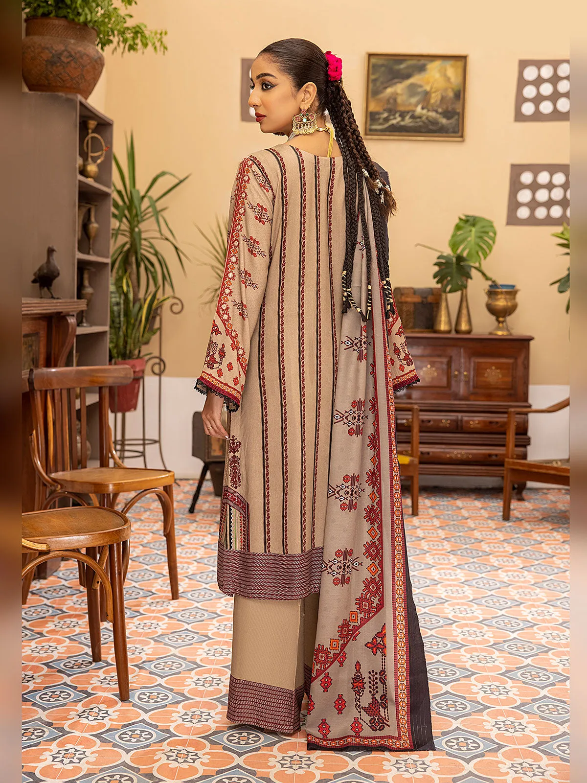 Light Brown Winter Dhanak Embroidered 3-Piece Suit