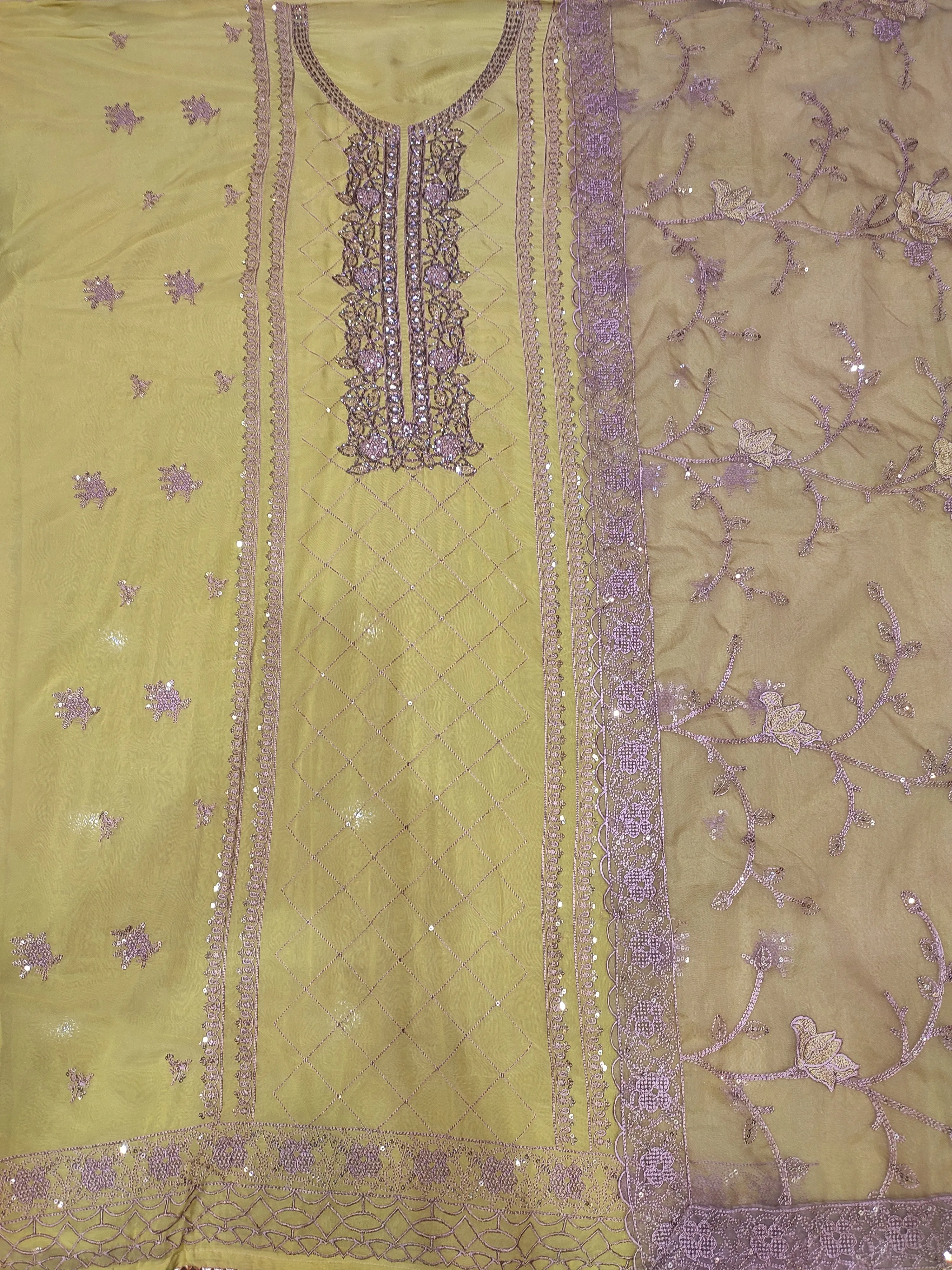 Lime Yellow Organza Unstitched Suit With Cutdana Handwork