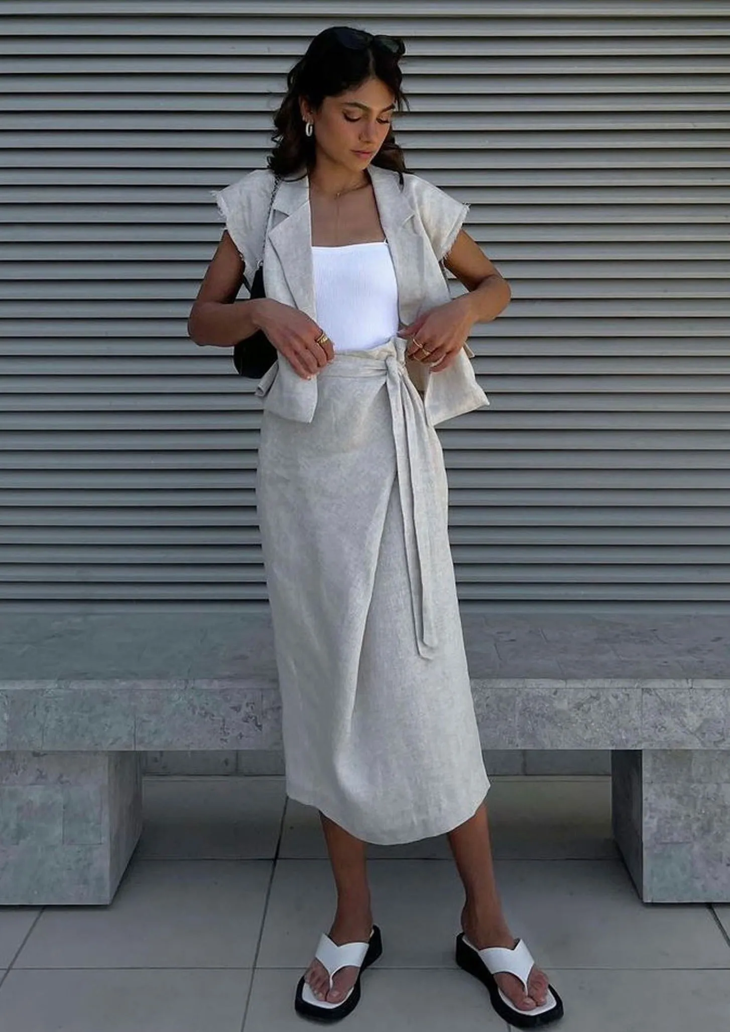 Linen Wrap Midi Skirt