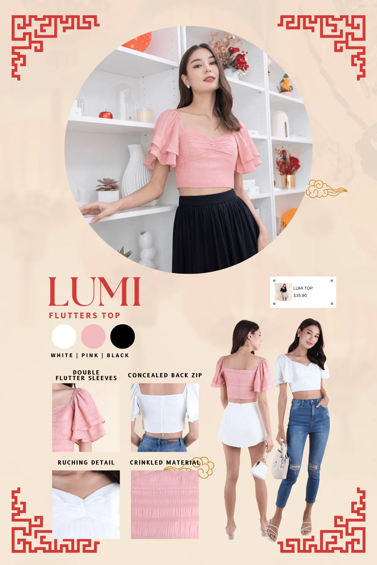 LUMI FLUTTERS TOP IN BLACK