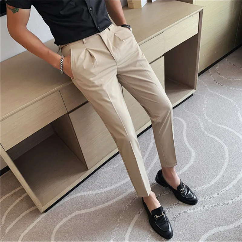 Men's British Business Slim Fit Dress Pants High Waisted Pants