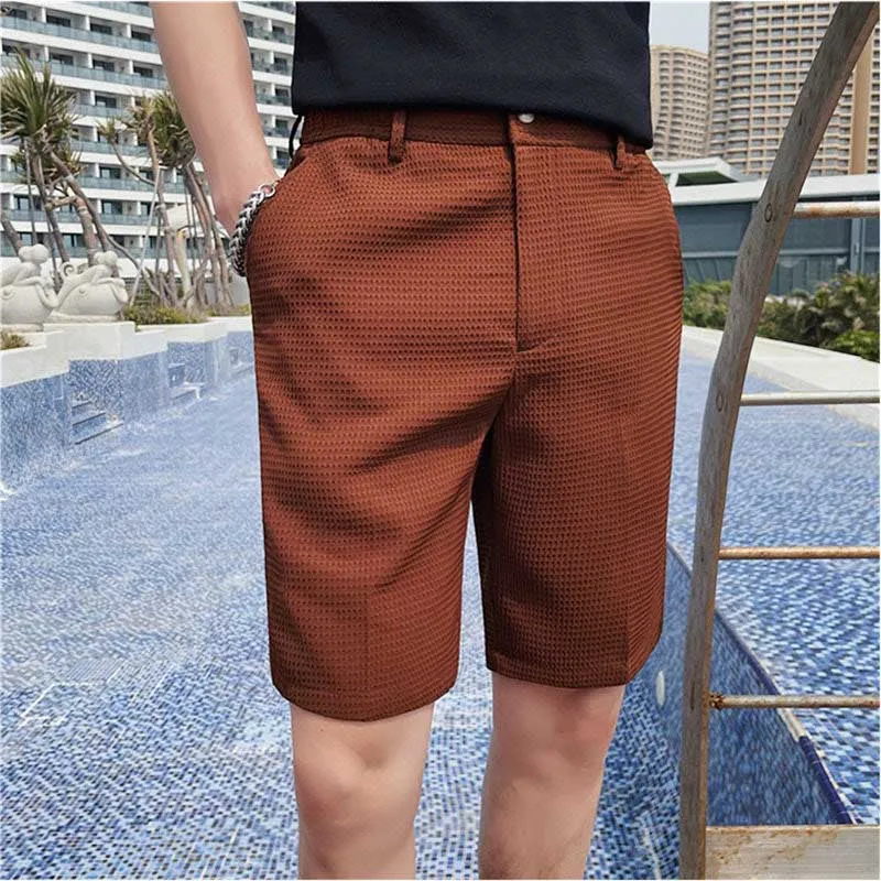 Men's Business Retro Slim Cropped Pants Waffle Shorts