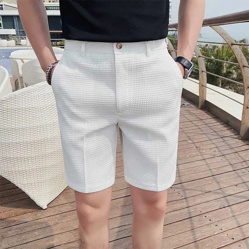 Men's Business Retro Slim Cropped Pants Waffle Shorts