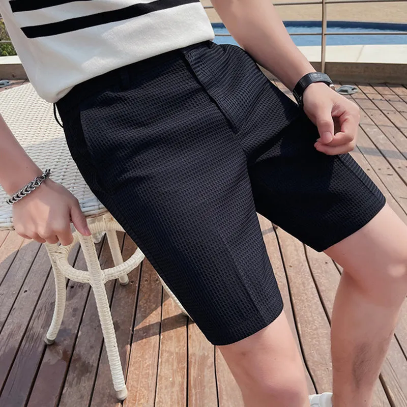 Men's Business Retro Slim Cropped Pants Waffle Shorts