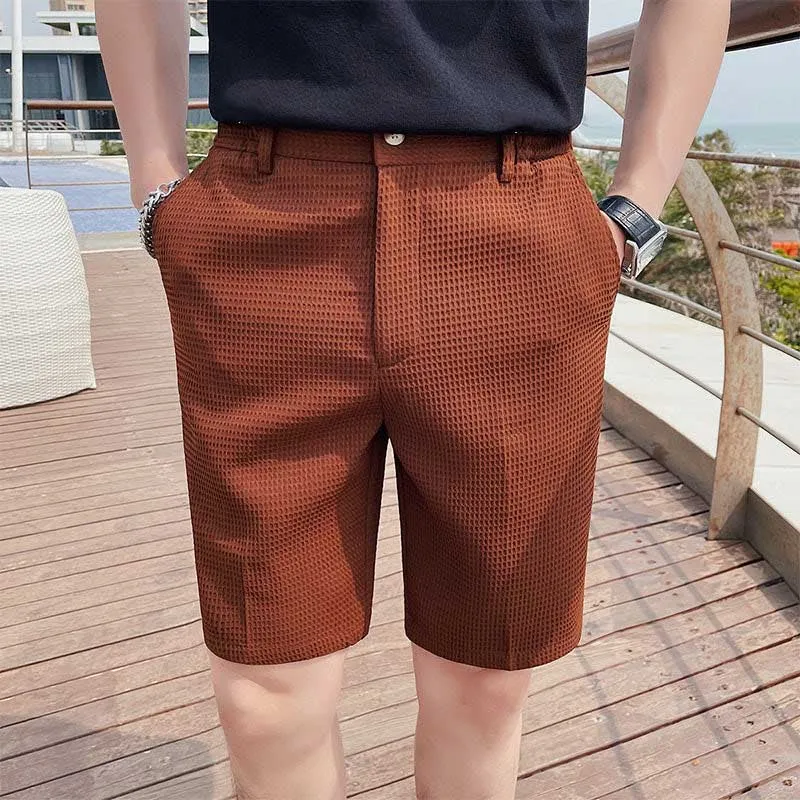 Men's Business Retro Slim Cropped Pants Waffle Shorts