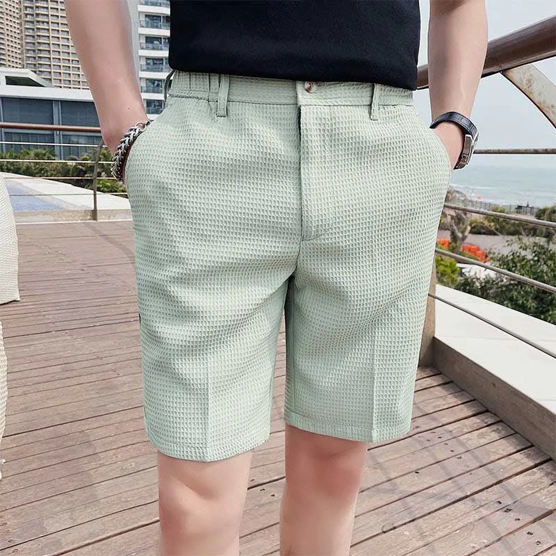 Men's Business Retro Slim Cropped Pants Waffle Shorts