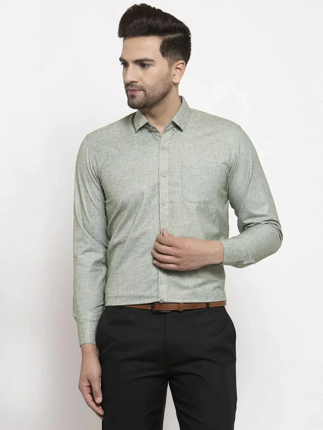 Men's Green Cotton Solid Button Down Formal Shirts - Taantav