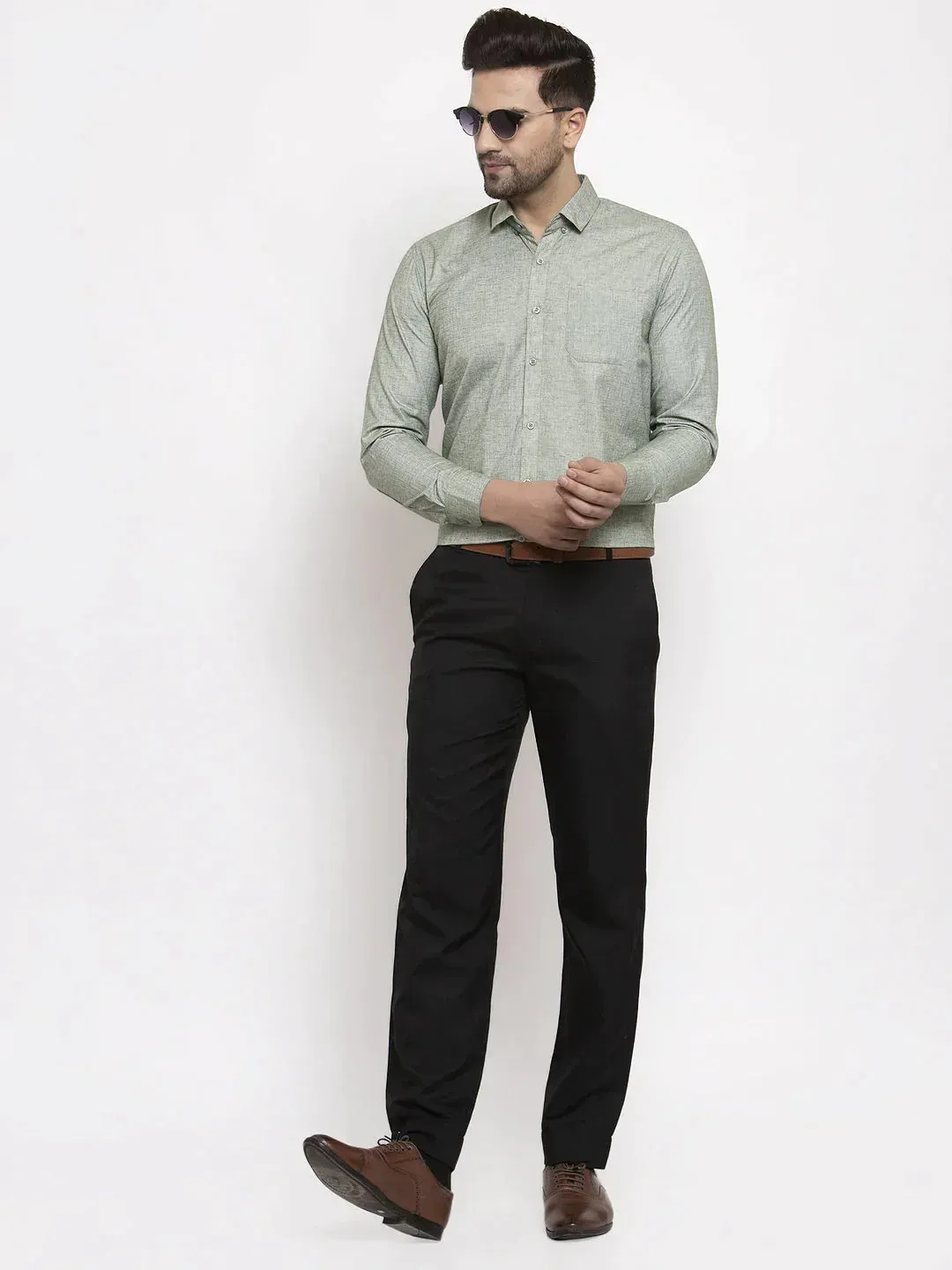 Men's Green Cotton Solid Button Down Formal Shirts - Taantav