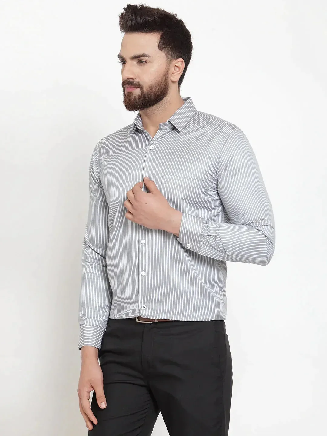 Men's Grey Cotton Stiped Formal Shirts - Taantav