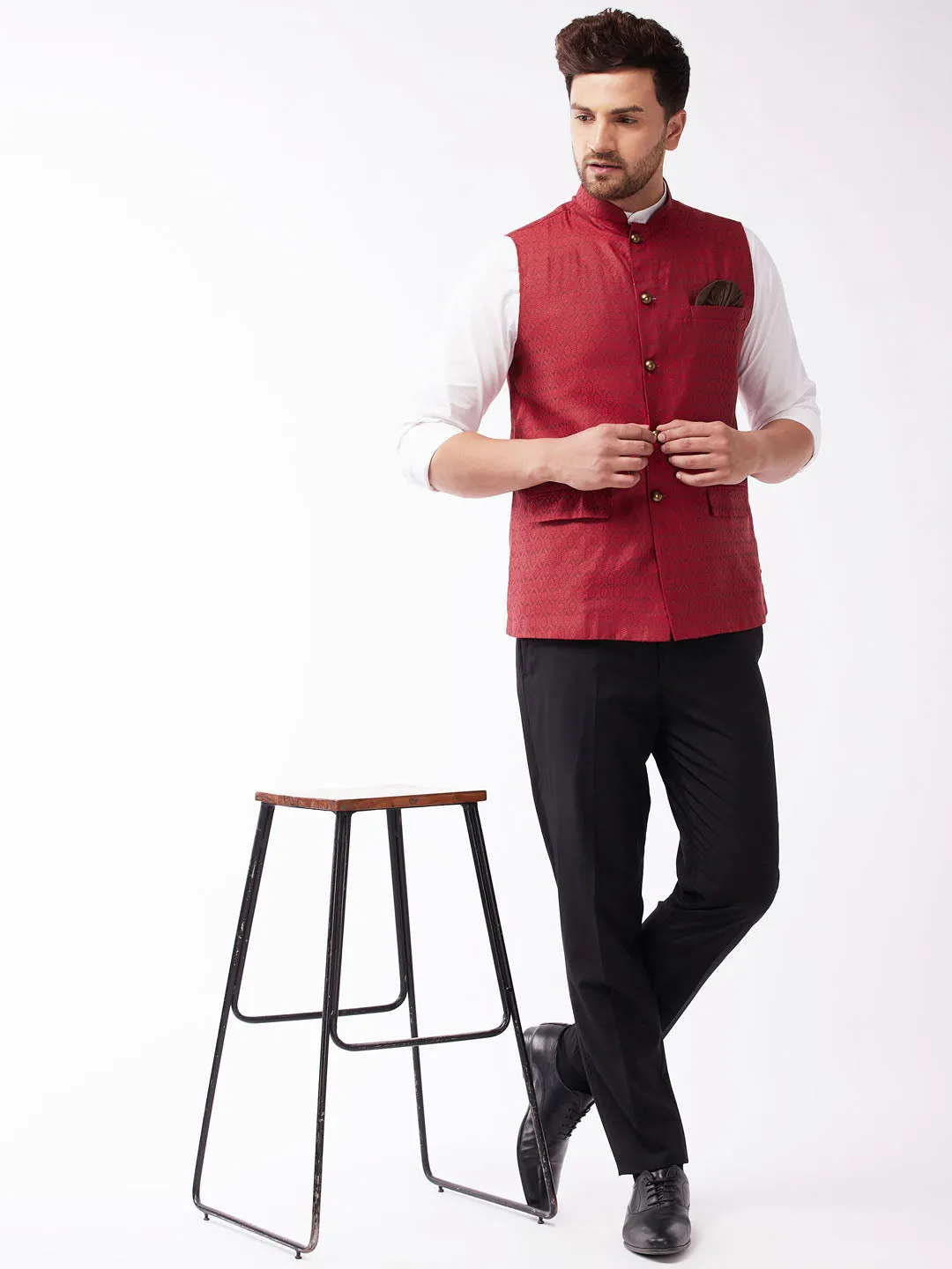 Men's Maroon Silk Blend Nehru Jackets - Vastramay