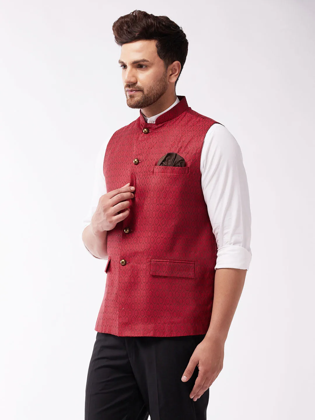 Men's Maroon Silk Blend Nehru Jackets - Vastramay