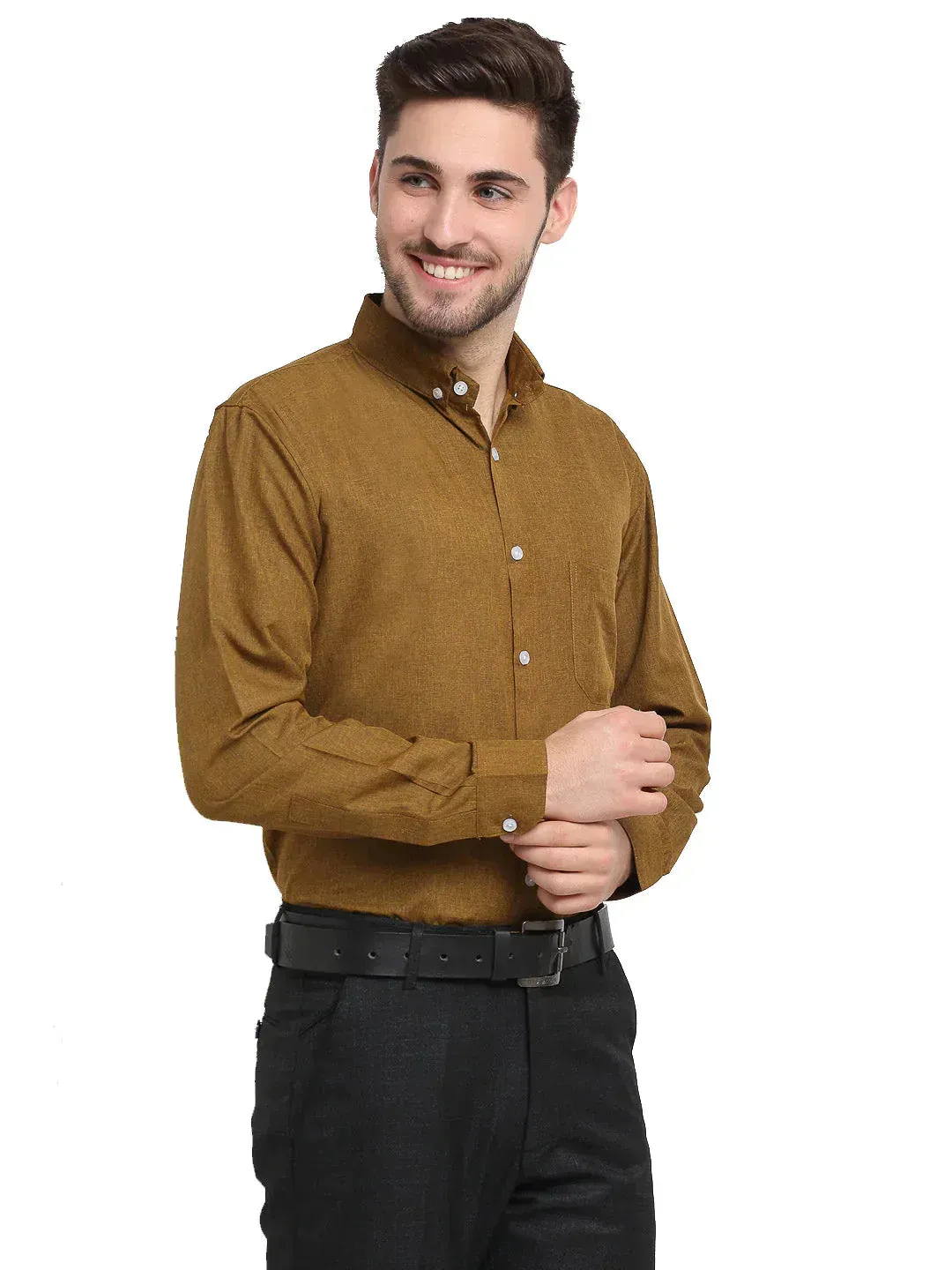 Men's Olive Button Down Collar Cotton Formal Shirt - Taantav