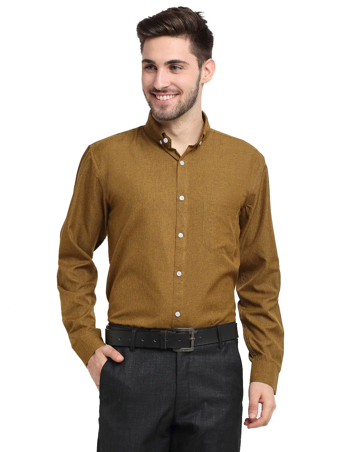 Men's Olive Button Down Collar Cotton Formal Shirt - Taantav