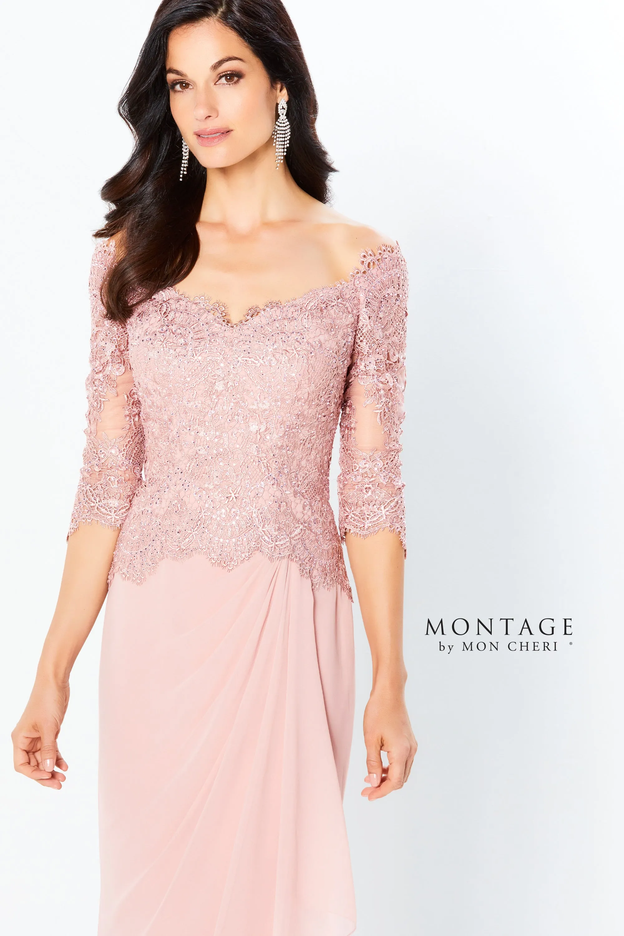 Montage 220942 Off The Shoulder Lace Chiffon Gown With 3/4 Sleeve