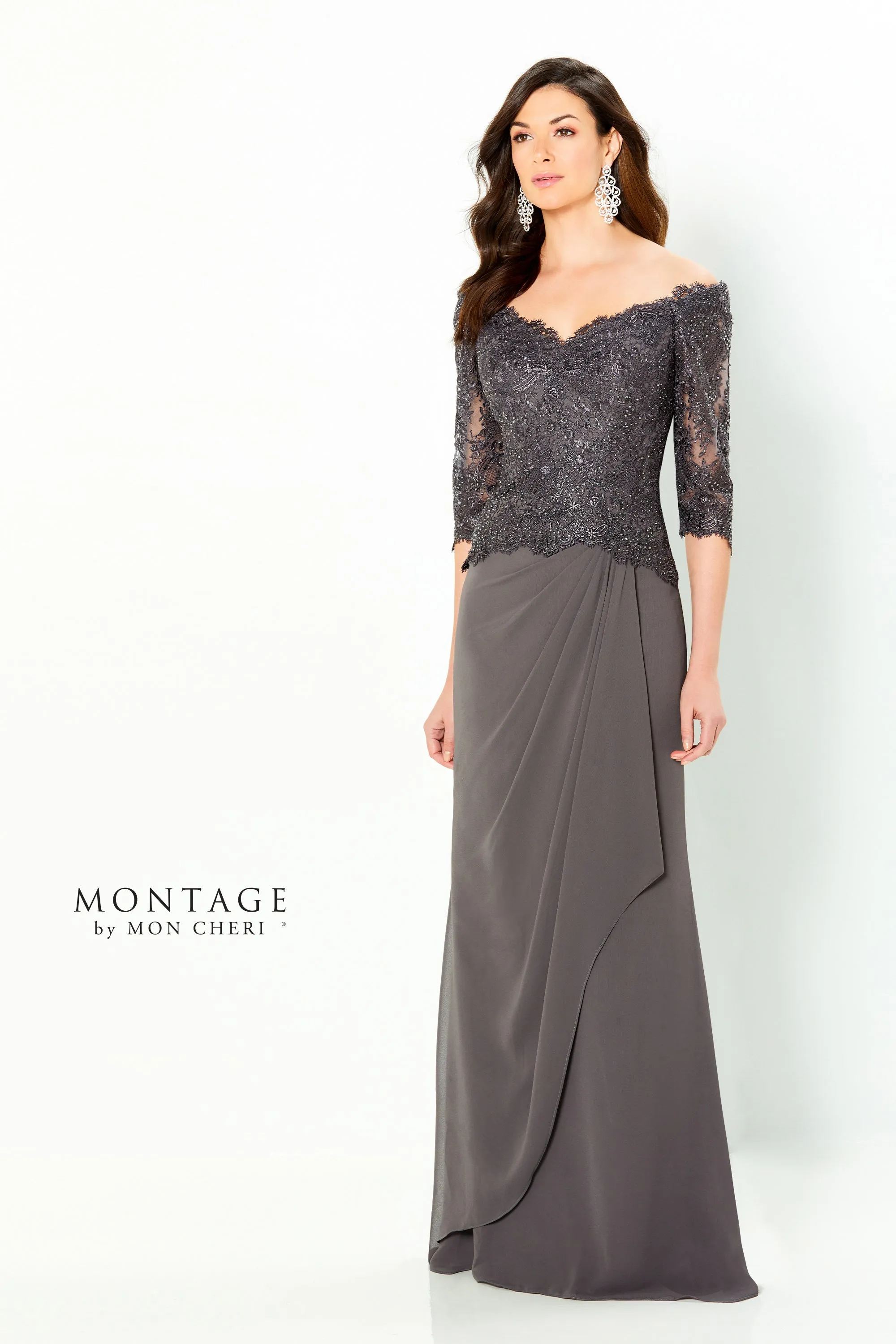 Montage 220942 Off The Shoulder Lace Chiffon Gown With 3/4 Sleeve