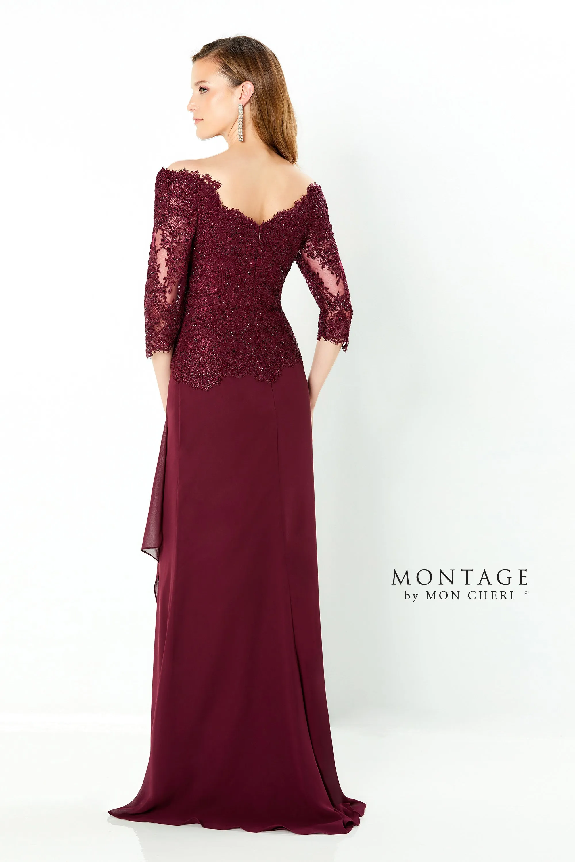 Montage 220942 Off The Shoulder Lace Chiffon Gown With 3/4 Sleeve