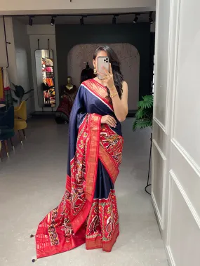 Navy Blue Color Dola Silk Patola Saree with Shimmering Foil Work